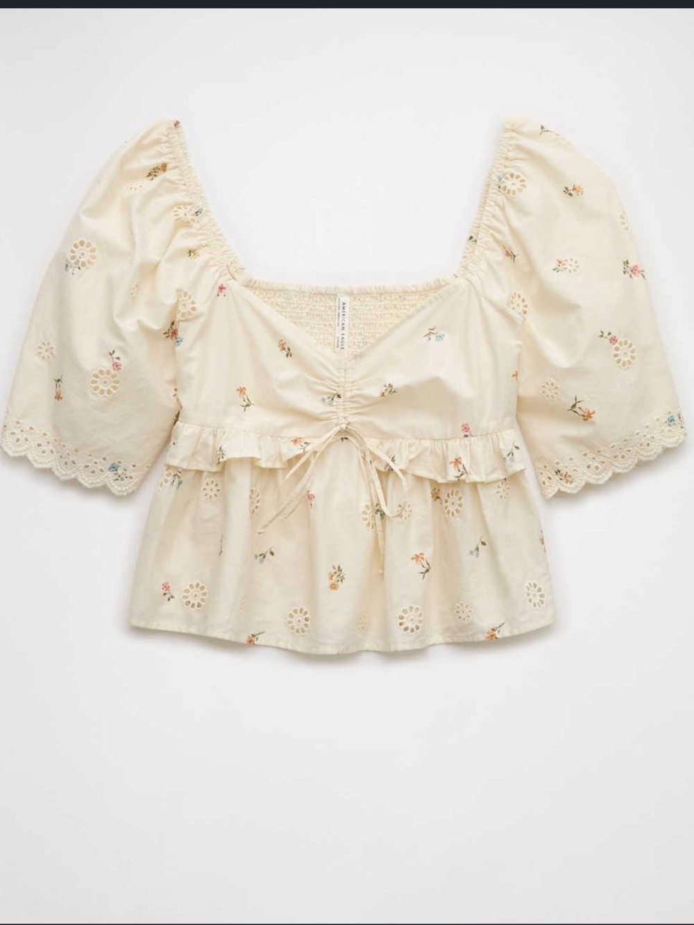 American Eagle Outfitters Cream Eyelet Babydoll Top with Floral Embroidery